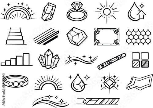 Line vector icons of cosmetic rarity: mythic glow arc, epic shard tile, rare gem ring, uncommon flare node, drop-rate icon,