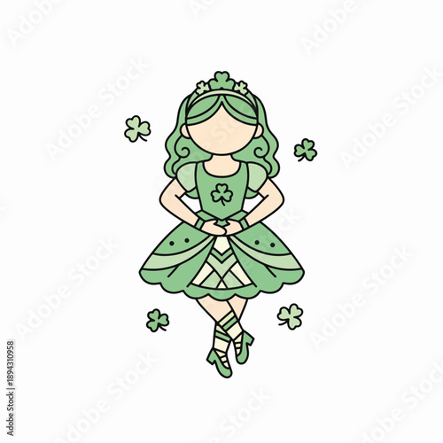 Girl in green dress dancing with shamrocks for St. Patrick's Day  