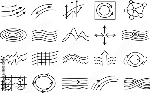 Line vector icons of atmospheric dynamics: pressure gradient line, wind shear arc, thermal rise bar, rotating flow tile,