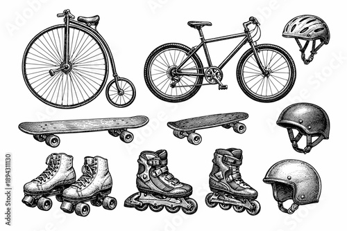 Vintage and modern cycling gear with skateboards and roller skates