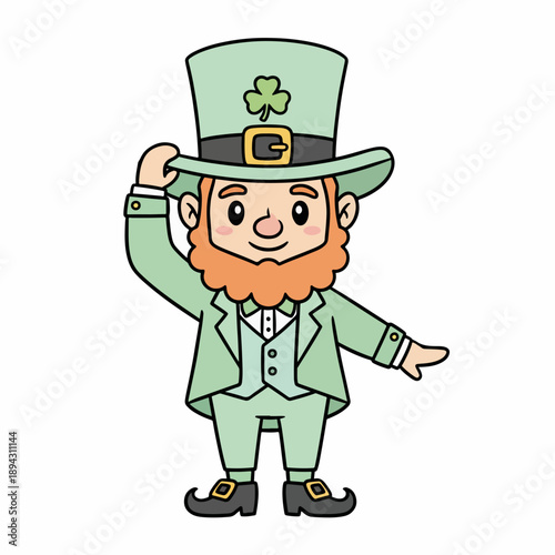 Cheerful leprechaun tipping his hat in traditional green attire for St. Patrick's Day  
