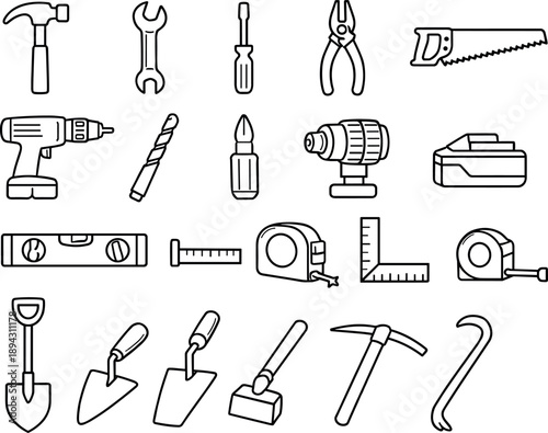 Line style vector icons of Construction Building Tools: hammer, wrench, screwdriver, pliers, saw; drill, bit, driver, chuck,