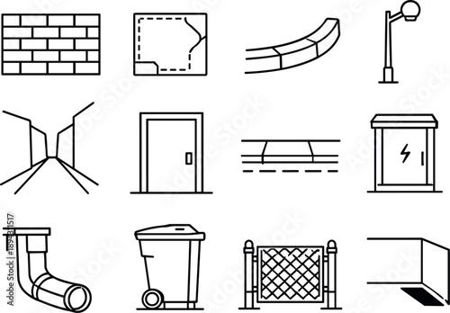 Line style vector icons of everyday urban corners: brick wall outline, asphalt patch tile, curb arc, streetlamp node, alley