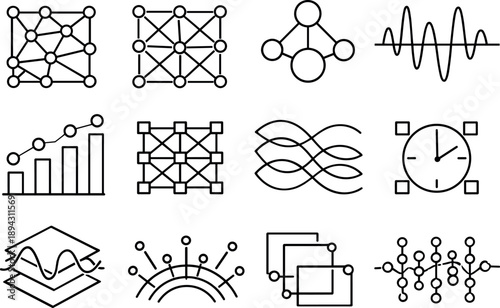 Line style vector icons of startup business launch funding and finance: sync mesh, modulation mesh, feedback node, rhythm line,