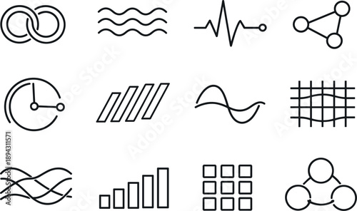 Line style vector icons of financial banking payment services: loop ring, wave contour, timing line, rhythm node, timing arc,