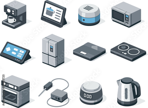 Isometric vector icons of smart home kitchen devices: coffee machine, recipe display, food freshness sensor, smart microwave,