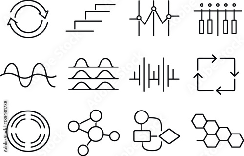 Line style vector icons of coding programming basic symbols: cycle bar, variation line, pulse stripe, timing band, wave arc, wave