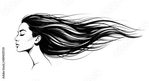 Elegant Woman with Flowing Hair – Black and White Ink Art Illustration