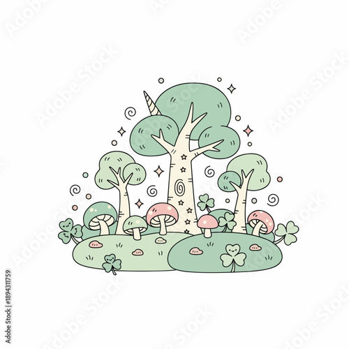 Mystical forest with clovers and whimsical trees in soft colors  
