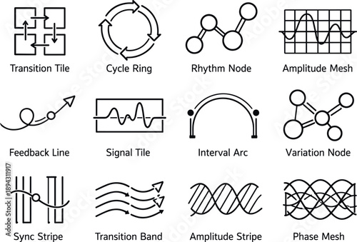 Line style vector icons of multisensory integration: transition tile, cycle ring, rhythm node, amplitude mesh, feedback line,