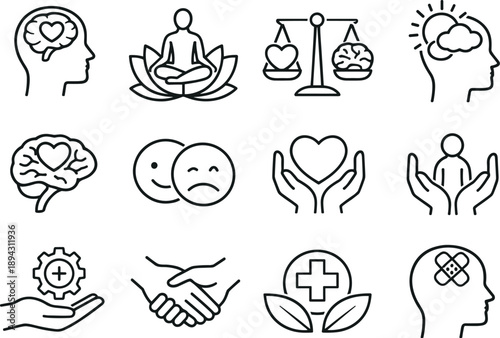Line style vector icons of Mental health: mental, health, wellbeing, balance; mind, brain, emotion, mood; support, care, heal,