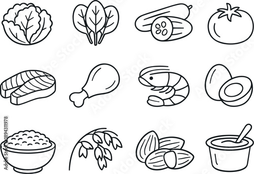 Healthy Meal Icons. Line style icons of Low-calorie meals: lettuce, spinach, cucumber, tomato; salmon, turkey, shrimp, eggs; brown