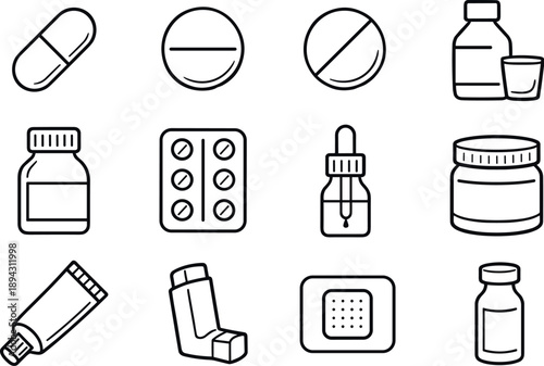 Line style vector icons of Pharmacy drugs: capsule, tablet, pill, syrup; bottle, blister pack, dropper, jar; ointment, inhaler,