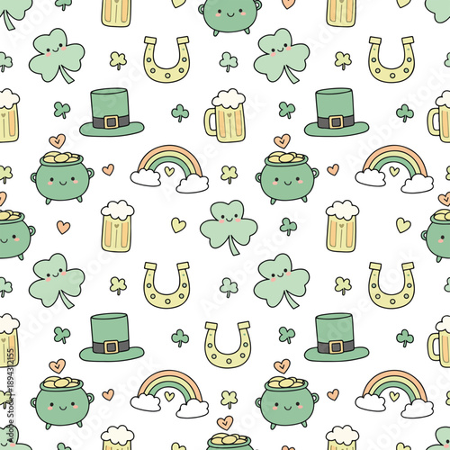 Seamless pattern of St. Patrick's Day themed icons in pastel colors  