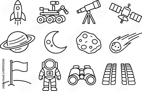 Line style icons of Space exploration: rocket, rover, telescope, satellite; planet, moon, asteroid, comet; flag, spacesuit,