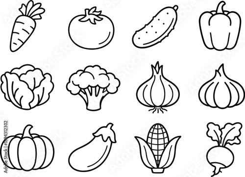 Line style icons of Farmers market: carrot, tomato, cucumber, bell pepper; lettuce, broccoli, onion, garlic; pumpkin, eggplant,