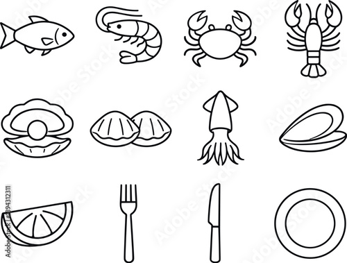 Line style of Ocean menu vector icons: fish, shrimp, crab, lobster; oyster, clams, squid, mussel; lemon, fork, knife, plate;