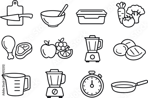Ready Meals Icons. Line style icons of Ready meals: cutting board, knife, bowl, spoon; container, vegetables, meat, fruit;
