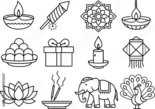 Line style icons of Diwali celebration night: diya, firecracker, rangoli, lamp; sweets, gift, candle, lantern; lotus, incense,