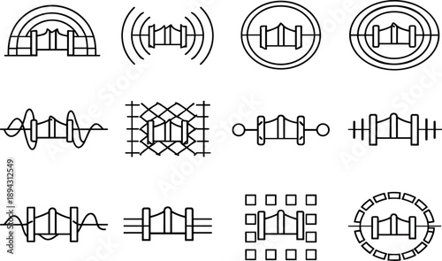 Minimalist Icon Grid. Line style vector icons of fence passage: variation arc, resonance contour, cycle line, amplitude ring,