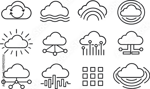 Line style vector icons of cloud computing networking services: feedback band, wave contour, frequency arc, propagation ring,