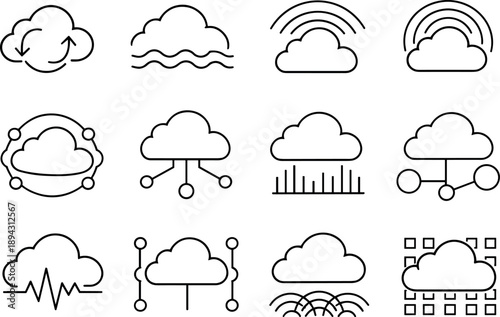 Line style vector icons of cloud computing networking services: feedback band, wave contour, frequency arc, propagation ring,
