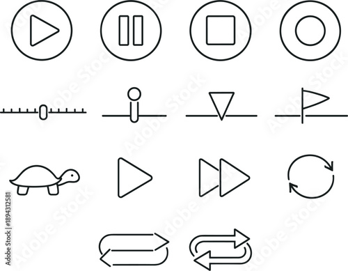 Line style vector icons of Playback controls: play circle, pause circle, stop square, record dot; timeline, scrubber, marker, cue