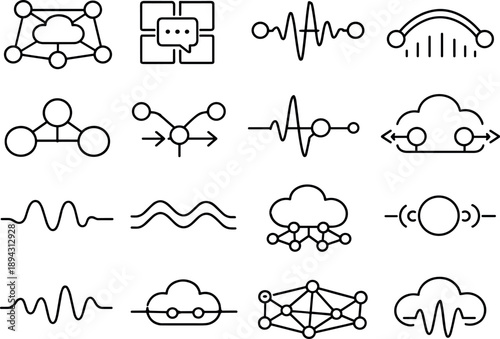 Line style vector icons of cloud computing management and billing services: transition mesh, feedback tile, resonance band,