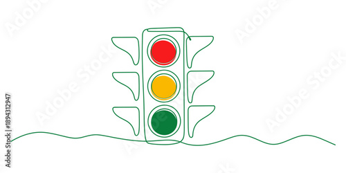 A traffic light in continuous single line art drawing style on a white background