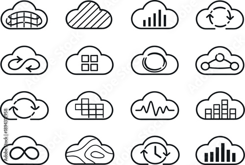 Line style vector icons of cloud computing storage services: transition mesh, pattern stripe, frequency band, cycle stripe,