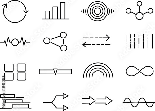 Line style vector icons of project planning workflow scheduling: cycle contour, pattern bar, resonance line, variation node,