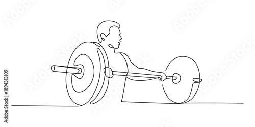 Continuous line art illustration of a person weightlifting with a barbell