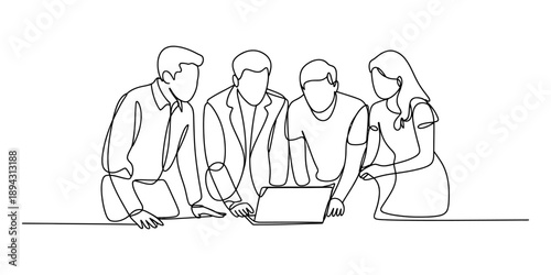 Continuous line art drawing of a business team meeting and collaborating around a laptop