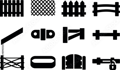 Fence Icons Grid. Solid vector icons of fences and boundaries: vertical slat tile, chain-link mesh, picket fence outline, post-and