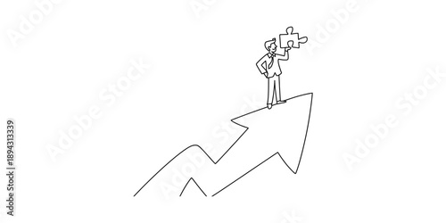 A businessman stands on an upward trend arrow holding a puzzle piece, symbolizing strategic growth and success.