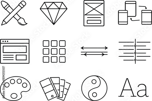 Line style vector icons of App design icons: design, sketch, wireframe, prototype; layout, grid, spacing, alignment; color,