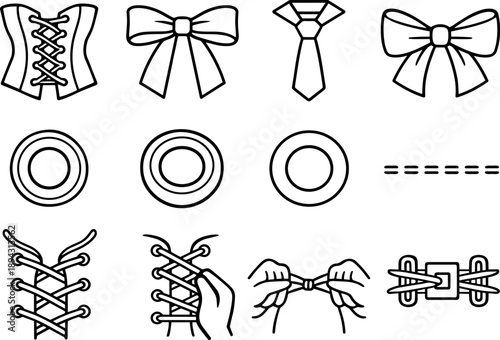 Line style of laced fashion element vector icons: corset, ribbon, tie, bow; eyelet, grommet, hole, stitch; tighten, lace, fasten,