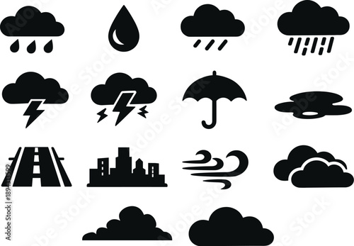 Solid vector icons of rain clouds: rain cloud, raindrop, drizzle, downpour, lightning bolt, thunder, umbrella, puddle, street,