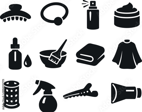 Solid vector icons of hair care: hair clip, hair tie, hair spray, hair mask, hair serum, hair dye, towel, cape, hair roller,