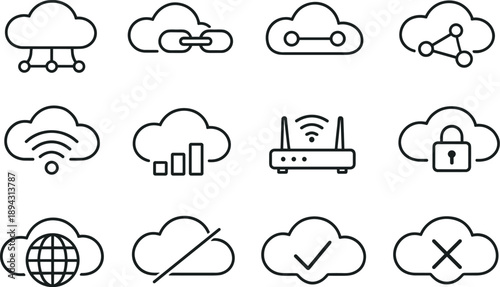 Line style icons of Cloud connection icons: network, link, connect, share; wifi, signal, router, access; online, offline, status,