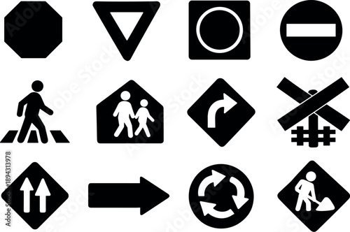 Solid vector icons of traffic signs: stop sign, yield sign, speed limit sign, no entry sign, pedestrian crossing, school zone,