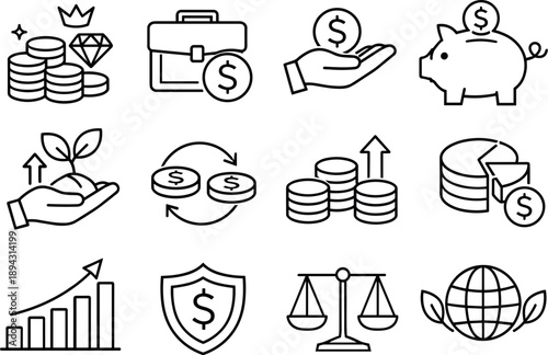 Line style vector icons of wealth building icons: wealth, capital, income, savings; invest, reinvest, accumulate, allocate; grow,