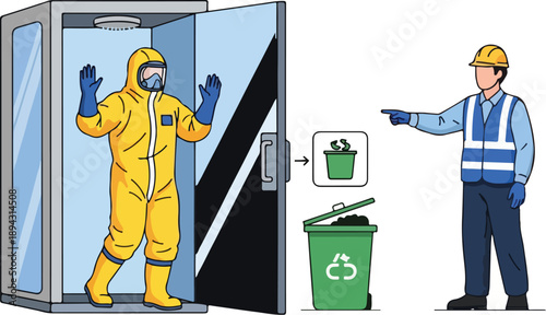 A person in a hazmat suit exits a decontamination chamber while a worker in a reflective vest directs them towards a recycling bin.