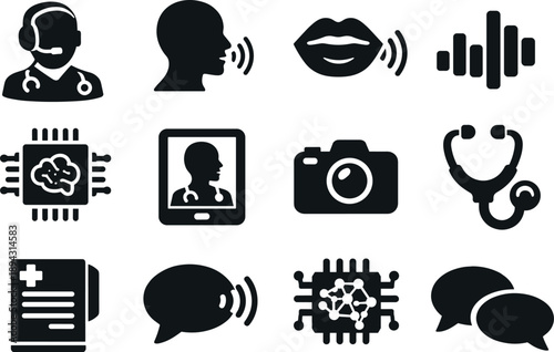 Virtual Doctor Icons. Solid vector icons of voice assistant doctor: virtual doctor, profile silhouette, talking mouth, audio waves