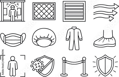 Line style of sterile environment vector icons: clean room, air filter, vent, airflow; mask, cap, gown, shoe cover; isolation,