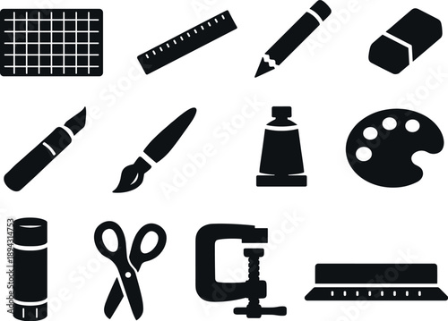 Crafting Tools Icons. Solid vector icons of crafting tools: cutting mat, ruler, pencil, eraser, craft knife, brush, paint tube,