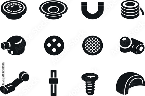 Solid vector icons of headphone components: driver unit, diaphragm, magnet, voice coil, acoustic chamber, vent hole, mesh grill,