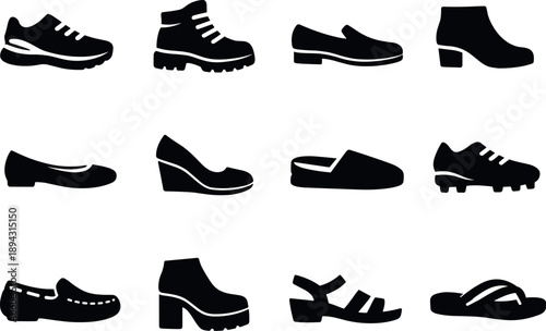 Solid vector icons of footwear types: running shoe, hiking boot, dress shoe, ankle boot, ballet flat, wedge, slipper, cleat,