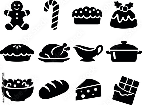 Solid vector icons of festive food: gingerbread, candy cane, fruitcake, pudding, pie, roast turkey, gravy boat, casserole, salad