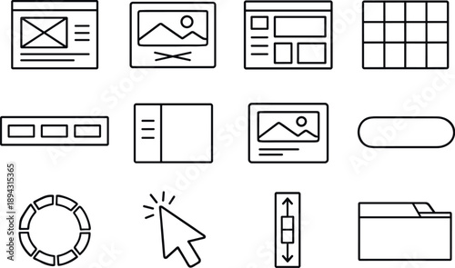 Line style vector icons of interface skeleton: wireframe, placeholder, layout, grid; navbar, sidebar, card, button; loader,